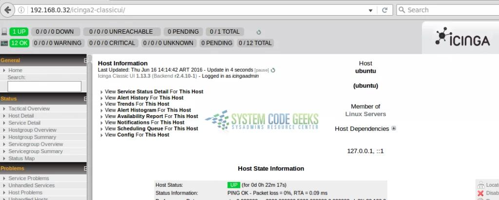 Figure 1: Exploring the web interface of Icinga 2