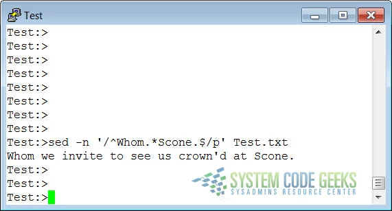 A SED Search Pattern Example with a given pattern and ending in a second pattern.