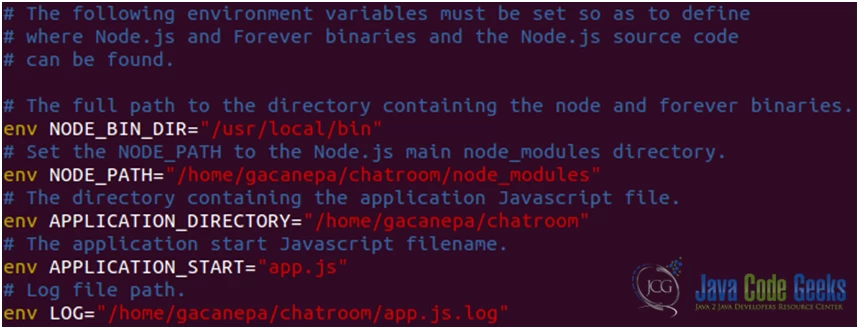 Figure 9b: Nginx Websockets proxying guide: Environment variables defined by the upstart script